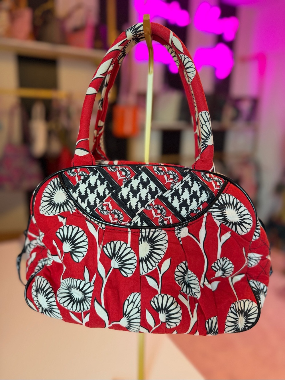 Vera Bradley Retired Red Floral Houndstooth Quilted Bowler Satchel Handbag